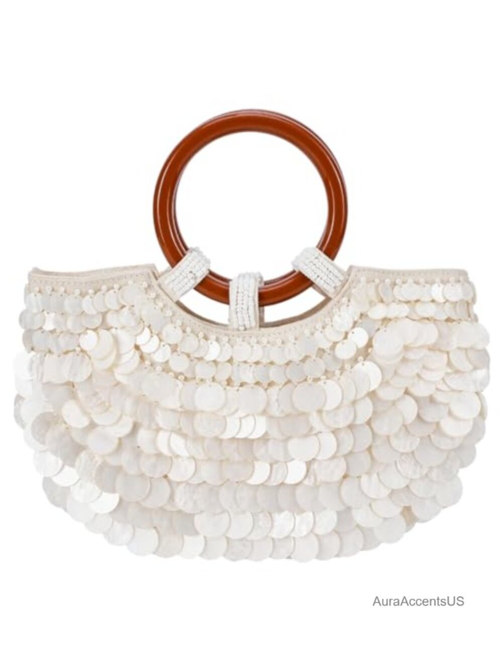 Handmade Seashell Beaded Clutch with Wooden Top Handle